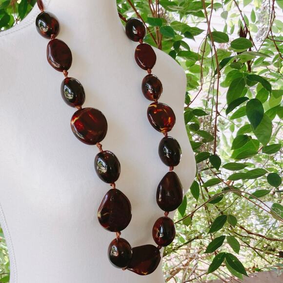 Vintage Italian Glazed Ceramic Chunky Beaded Necklace Brown Boho 1990s Statement - Picture 2 of 15